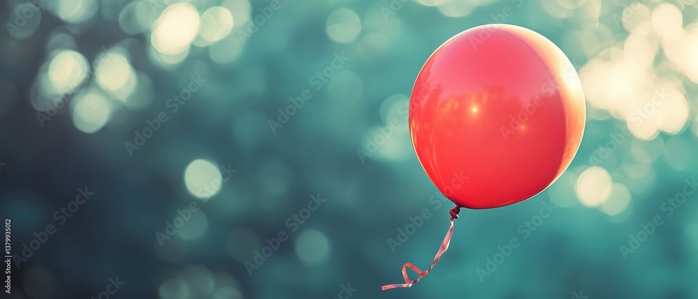 Poster floating red balloon against blurred green background with soft bokeh lights capturing playfulness a