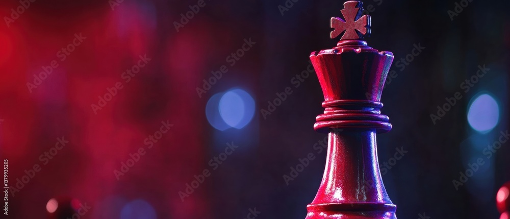 Poster close-up of stylish red chess king piece on dark background with bokeh lights creating a moody and a