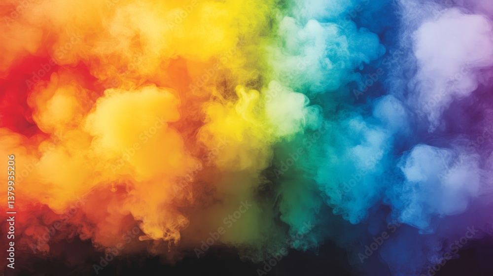 Poster colorful smoke swirls and dances against a dark background, forming dynamic shapes and hues that cap