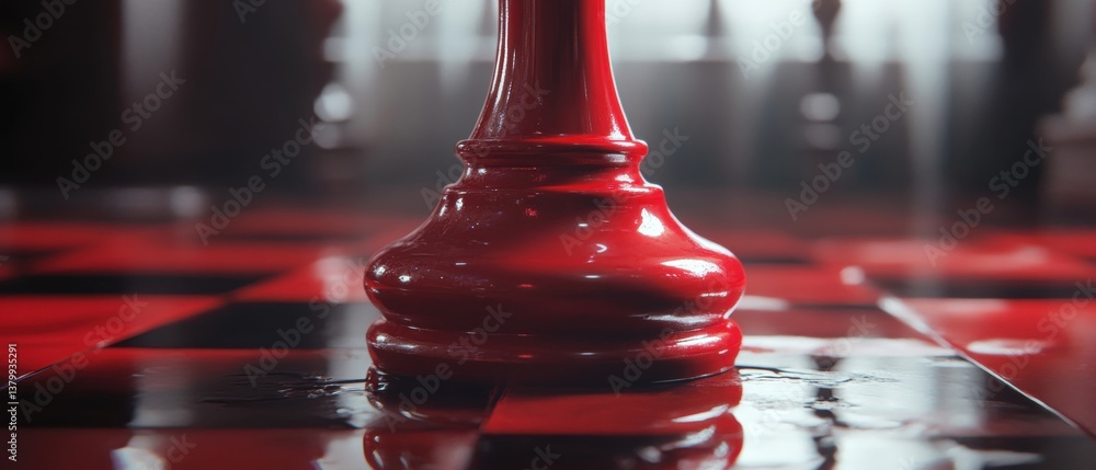 Poster close-up view of a red chess piece on a glossy black and red checkerboard surface with soft lighting
