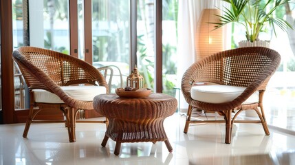Fototapeta premium Compact Rattan Chairs with Cushions in Living Room 