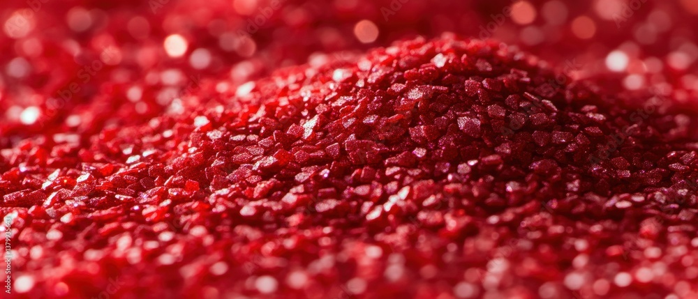 Poster close-up view of shimmering red sugar granules with a sparkling texture and vibrant color for culina