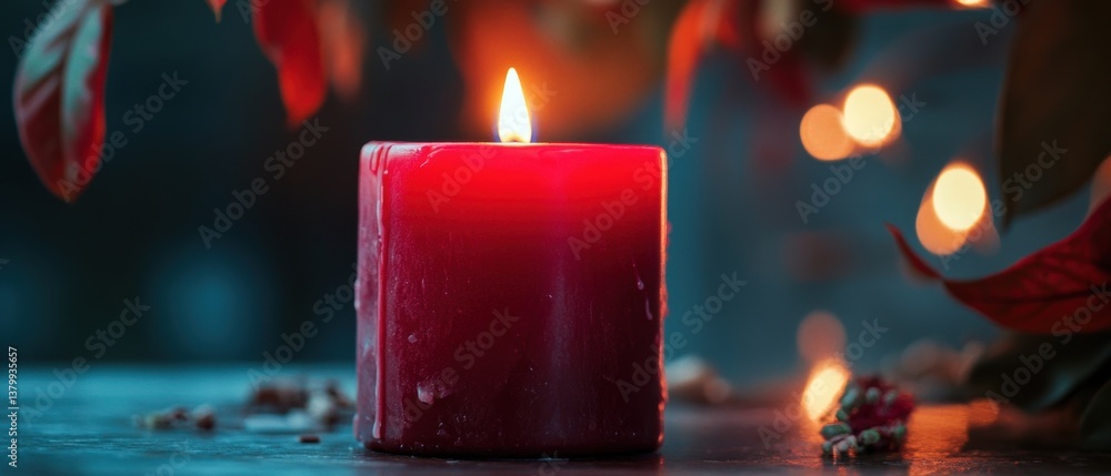 Poster cozy red candle lighting up a beautiful setting with warm glow and surrounding leaves in a calm and 