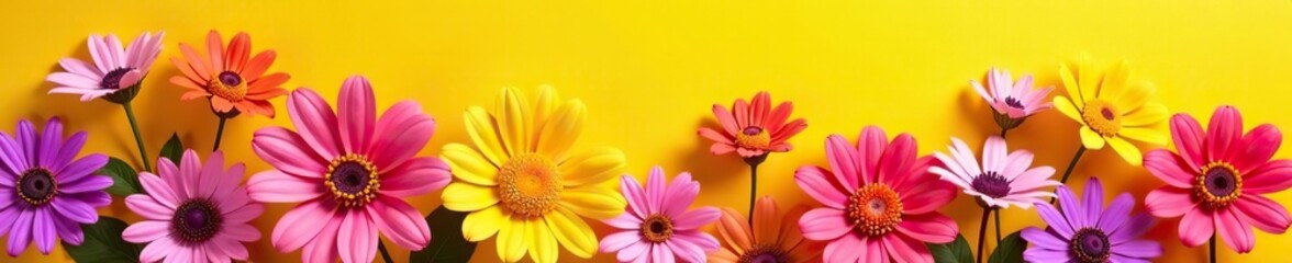 Colorful assortment of vibrant flowers in various hues such as pink, purple, and orange blooming against a bright yellow background,  vibrant,  purple