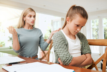 Frustrated mother, homework and behaviour with child, adhd or struggle in education or learning at home. Angry mom, teenager or kid in stress with school books, stubborn attitude or tantrum at house
