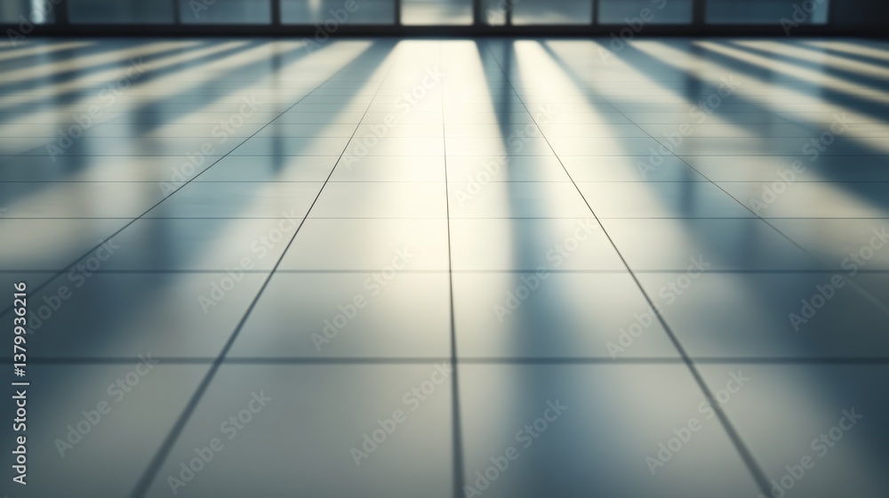 Poster sunlight streams through a minimalist white interior, casting bold shadows on the sleek floor tiles,