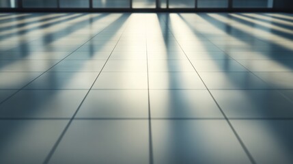 Obraz premium Sunlight streams through a minimalist white interior, casting bold shadows on the sleek floor tiles, enhancing the clarity and depth of the space