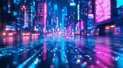 Cyberpunk Metropolis: Neon Cityscape with Data Stream, Futuristic Urban Landscape