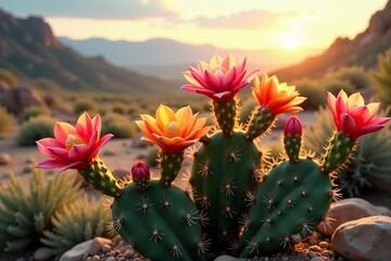 Colorful cactus flowers in full bloom under the desert sun, surrounded by prickly green plants,  exotic,  southwestern