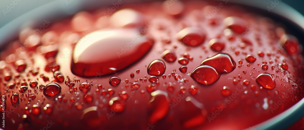 Aufkleber close-up view of water droplets on a smooth red surface with glossy finish capturing light and color