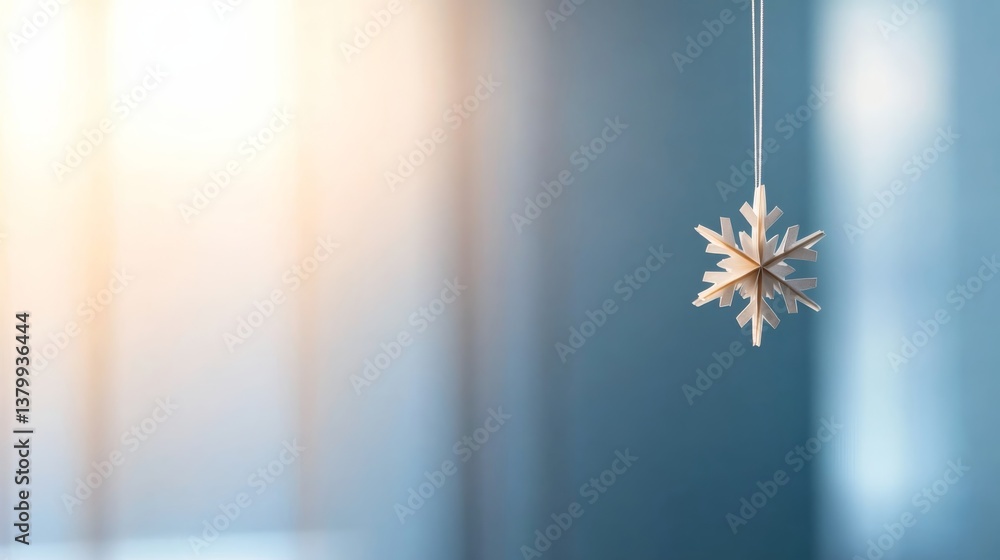 Aufkleber a single paper snowflake dangles in front of a frosted glass window, set against a soft blue backgro