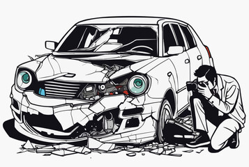 A Journalist taking photograph of a broken car in an accident