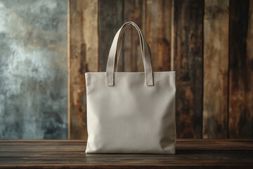 Natural cotton tote bag hanging on rustic blue wooden wall with decorative white flowers, symbolizing eco-friendly fashion, country style, slow living, sustainable lifestyle and blank canvas branding