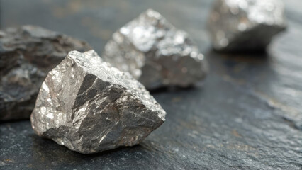 Naklejka premium Raw lithium ore crystals on dark granite with metallic reflections, showcasing strategic mineral resources and clean energy materials for industrial use.