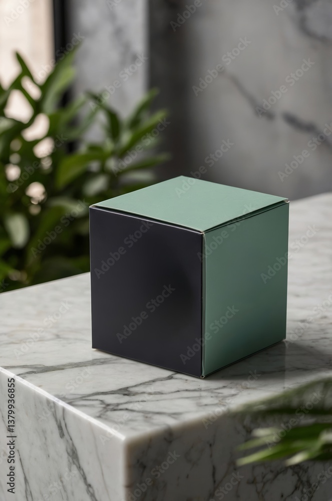 Poster modern packaging design displayed on a marble surface with greenery in the background during dayligh