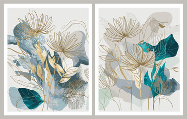 Set of floral wall art, poster, banners with abstract gold line art flowers on watercolor background. vector art illustration