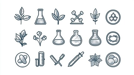 Fototapeta premium Collection of botanical and scientific icons including leaves flasks and laboratory equipment elements