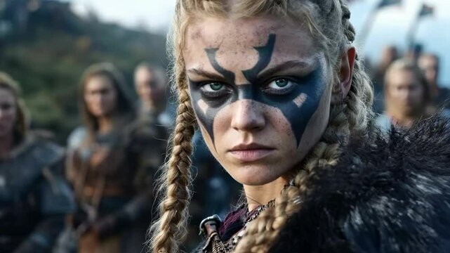 The powerful stare of a Viking female fighter: bold look, warrior essence, fearless soul, Nordic pride, sharp focus, fierce heart, strong will, battle readiness, fierce determination, intense gaze.