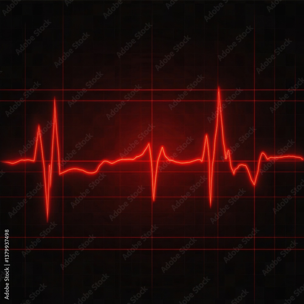 Poster heartbeat visualization in red color on black background with grids indicating vital sign measuremen