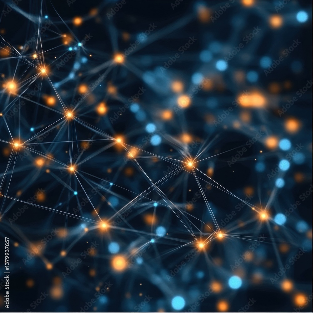Poster abstract digital network background with glowing points and connections in blue and orange for techn