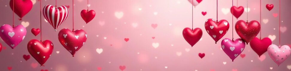 Colorful heart-shaped decorations in various sizes and patterns hanging from strings, creating a festive backdrop for Valentine's Day celebrations or romantic occasions,  decorations,  party