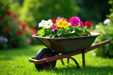Colorful impatiens flowers in flats overflowing from rusty wheelbarrow in lush garden setting, spring,  planting