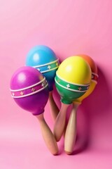 Colorful maracas in bright hues of blue, purple, green, and yellow against a soft pink background,  bright,  percussion
