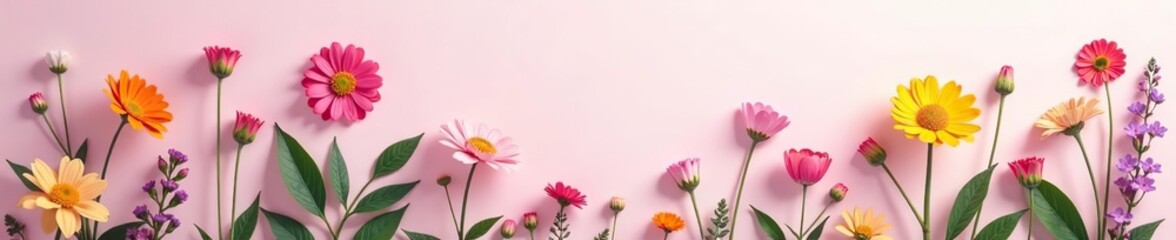 Colorful minimalist background with various flowers and plants in soft pastel hues,  foliage,  serene
