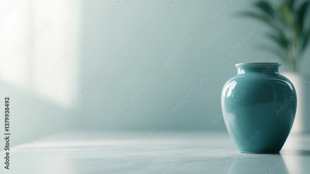 Aufkleber Ceramic jar with a subtle leaf pattern sits gracefully on a white marble surface, illuminated by soft natural light, creating an elegant atmosphere