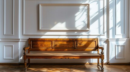 Antique Wooden Bench in Sunlit Room with White Paneled Walls Perfect for Interior Design and Home Decor