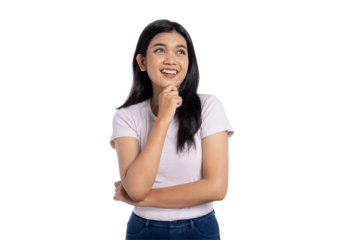 Thoughtful young Asian woman smiling and thinking, with hand on chin, isolated on transparent background