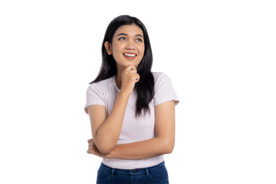Thoughtful young Asian woman smiling and thinking, with hand on chin, isolated on transparent background
