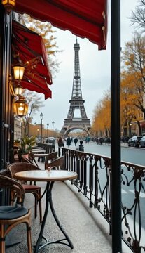 A Parisian-style caf&eacute; with a delicate porcelain cup of gourmet coffee, placed on a round table with a scenic view of the Eiffel Tower in the background