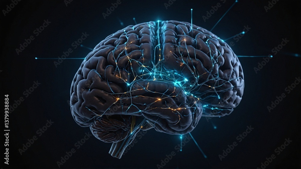 Poster a visually striking 3d render of a human brain emitting glowing neural connections, symbolizing inte