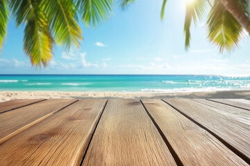 Empty Wooden Table Over Tropical Beach Background Summer Vacation Paradise