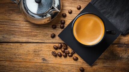 Medium close-up shot features a black coffee package mockup on a rustic table with scattered roasted beans and a silver coffee pot, offering ample copy space