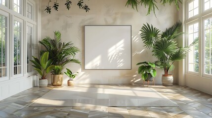 Sunlit Room Interior Design with Large Blank Canvas Mockup and Lush Potted Plants