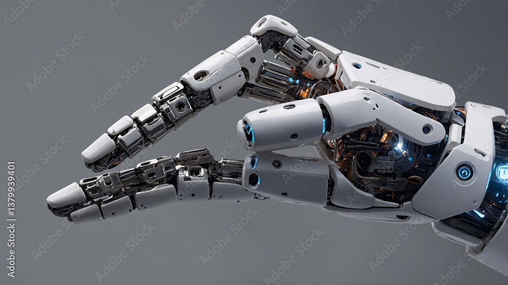 Poster a close-up of a futuristic robot hand showcasing intricate mechanical features and glowing elements.