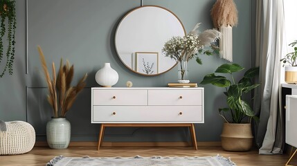 Stylish Modern Bedroom Interior Design with White Dresser and Round Mirror