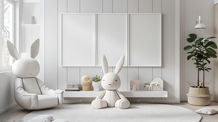 Stylish White Bunny Chair and Toy for Children's Room Decor Modern Nursery Interior Design with Blank Frames