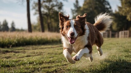 A happy brown and white Border Collie joyfully runs through a sunny field, showcasing its energy and playful spirit.