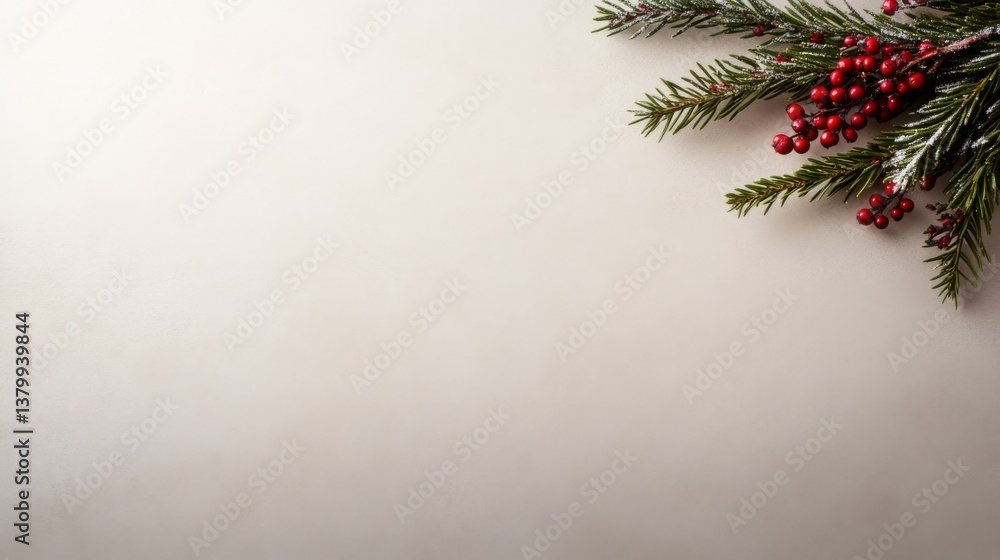 Poster A medium top-down view showcases a pine branch adorned with snowflakes and bright red berries resting on a frosted surface, evoking a peaceful winter vibe