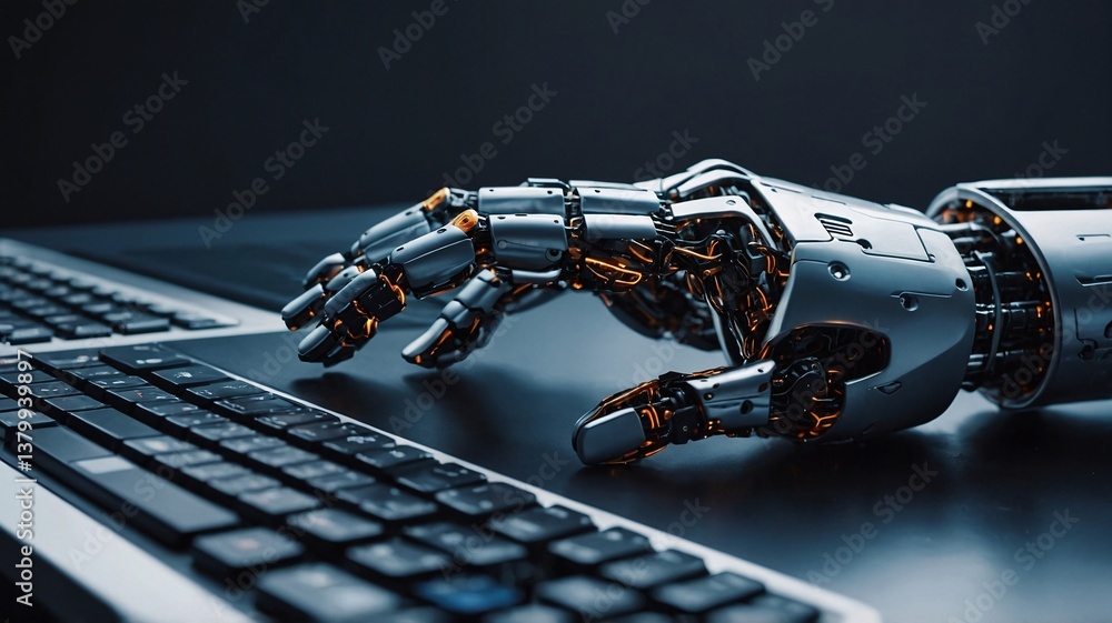 Poster a futuristic metallic robotic hand reaching towards a keyboard, symbolizing the integration of techn