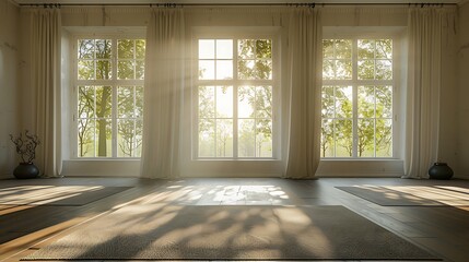 Fototapeta premium Serene Yoga Studio with Large Windows Sunlight Streaming Through Sheer Curtains