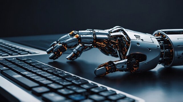 A futuristic metallic robotic hand reaching towards a keyboard, symbolizing the integration of technology and human interaction.