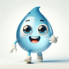 3D image of a hyperreal pure water character with two big eyes, funny laughing, hands and legs, on a white background