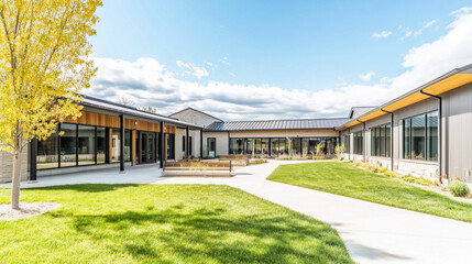 Obraz premium Senior care facility exterior with well-maintained garden and welcoming entrance. Emphasizing comfort and dignity in elderly living environments.