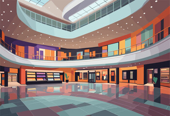 Large modern empty shopping mall interior with a lot of boutiques, stores. Vector colorful illustration in vivid bright color palette