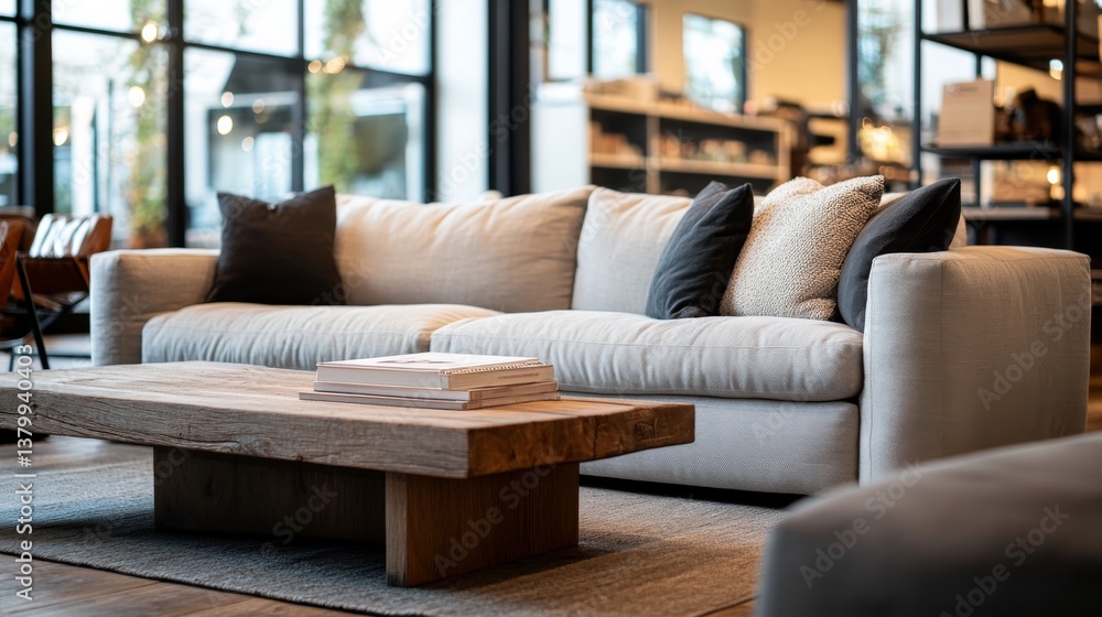 Poster soft gray sofa with textured cushions complements a rustic coffee table, enhanced by warm lighting t