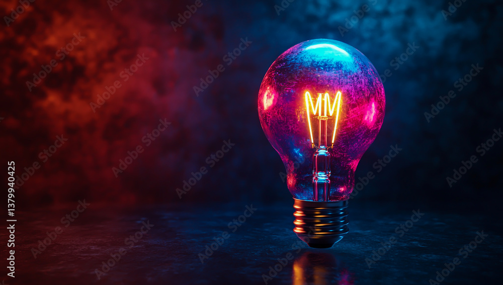 Poster 3d render of a colorful light bulb glowing with a neon effect on a dark background